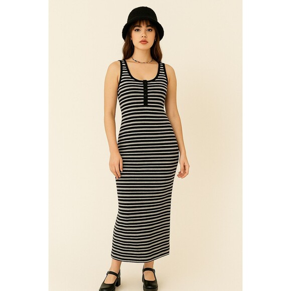 Y2K Midi Tank Dress Poof New York Striped Bodycon Ribbed Racerback Women's Sz M - Picture 1 of 9